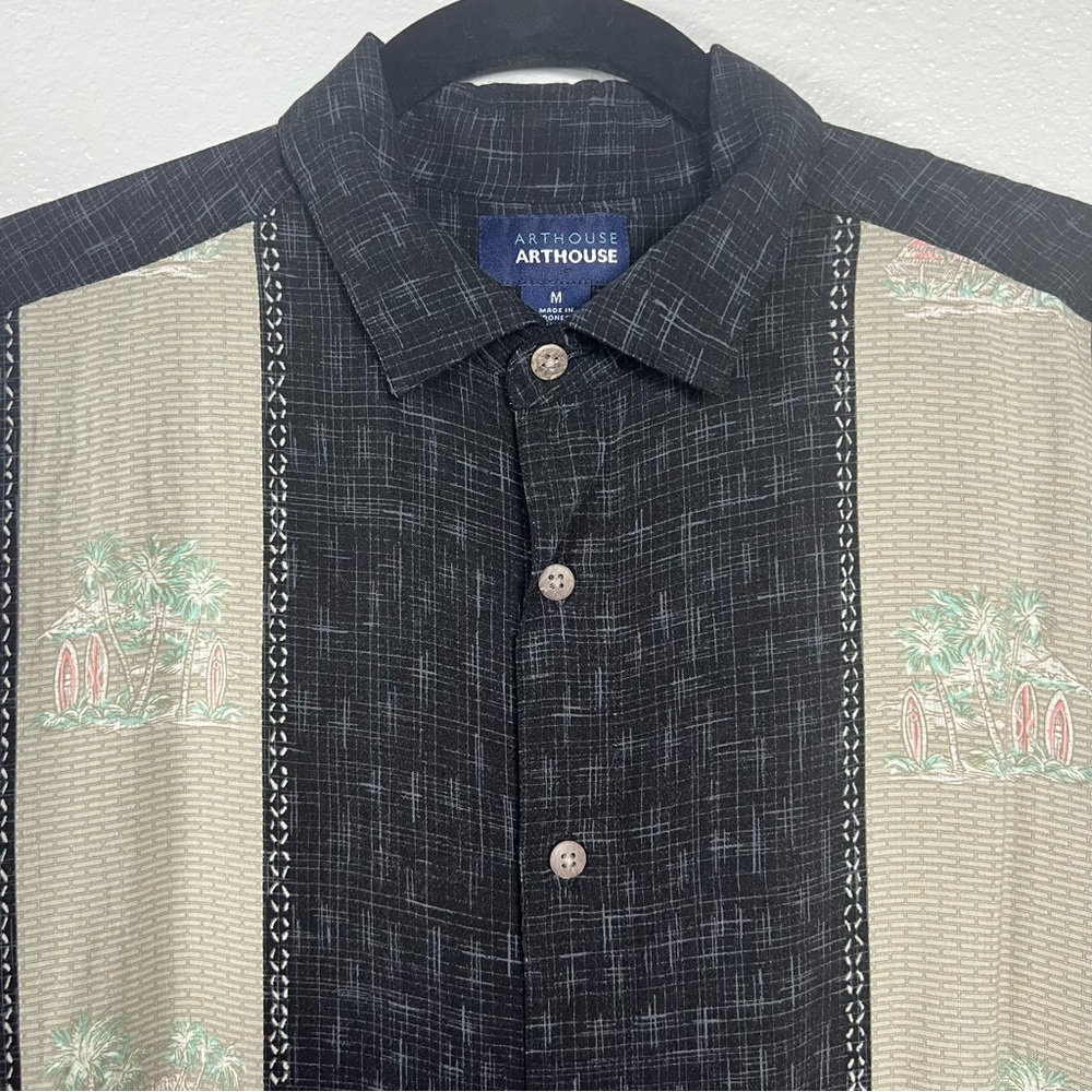 VTG Arthouse Black Beige Men’s M Rayon‎ Shirt Tropical Surfboards Palm Trees